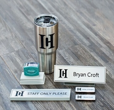 Custom Name Badge, Stamp, Desk Plate and Mug with Logo