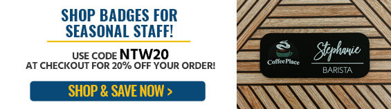 shop badges for seaosnal staff, use code ntw20 for 20% of your order, shop and save now
