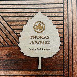 leaf-shaped custom wood name badge