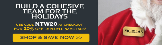 Get 20% Off Employee Name Tags with Code NTW20, Man in Santa Suit Wearing a Nicholas Name Tag
