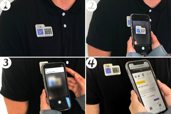 Man wearing a QR code accessible name tag that is being scanned
