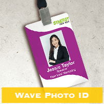 “Wave Photo ID” example — purple photo ID badge on a lanyard
