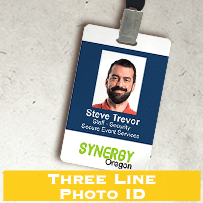 “Three Line Photo ID” example — navy photo ID badge