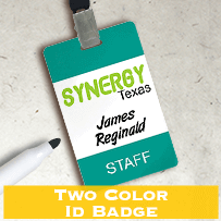 “Two Color ID Badge” — teal staff badge on a lanyard