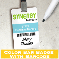 “Color Bar Badge with Barcode” — white badge with barcode