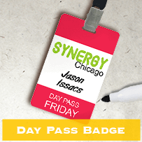 “Day Pass Badge” — red day-pass badge on a lanyard