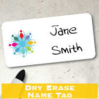 “Dry Erase Name Tag” — white reusable badge with marker