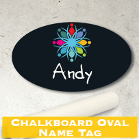 “Chalkboard Oval Name Tag” — black oval chalkboard badge