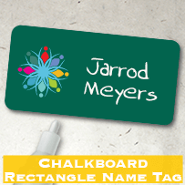 “Chalkboard Rectangle Name Tag” — green chalkboard badge